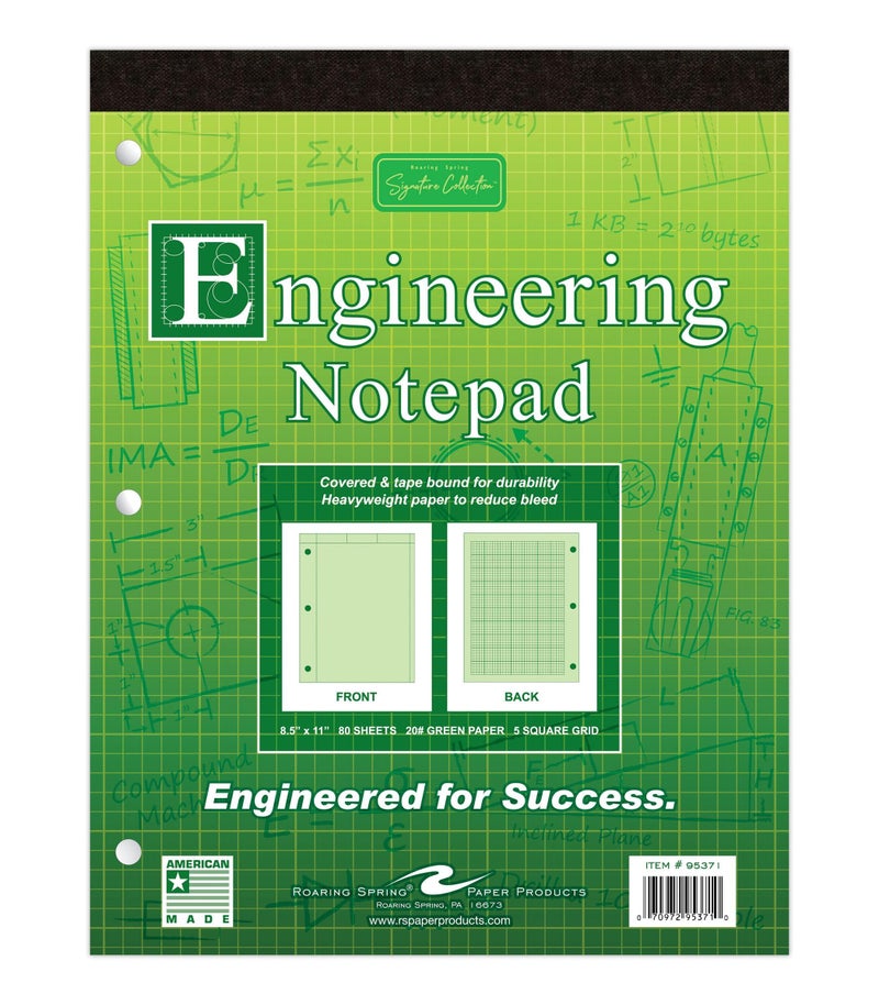 ROARING SPRING Signature Collection Covered Engineering Pad, Frame Front 1/2" Right Margin, 8.5" x 11", 80 Sheets, Heavyweight 20 lb Green Paper - Image 1